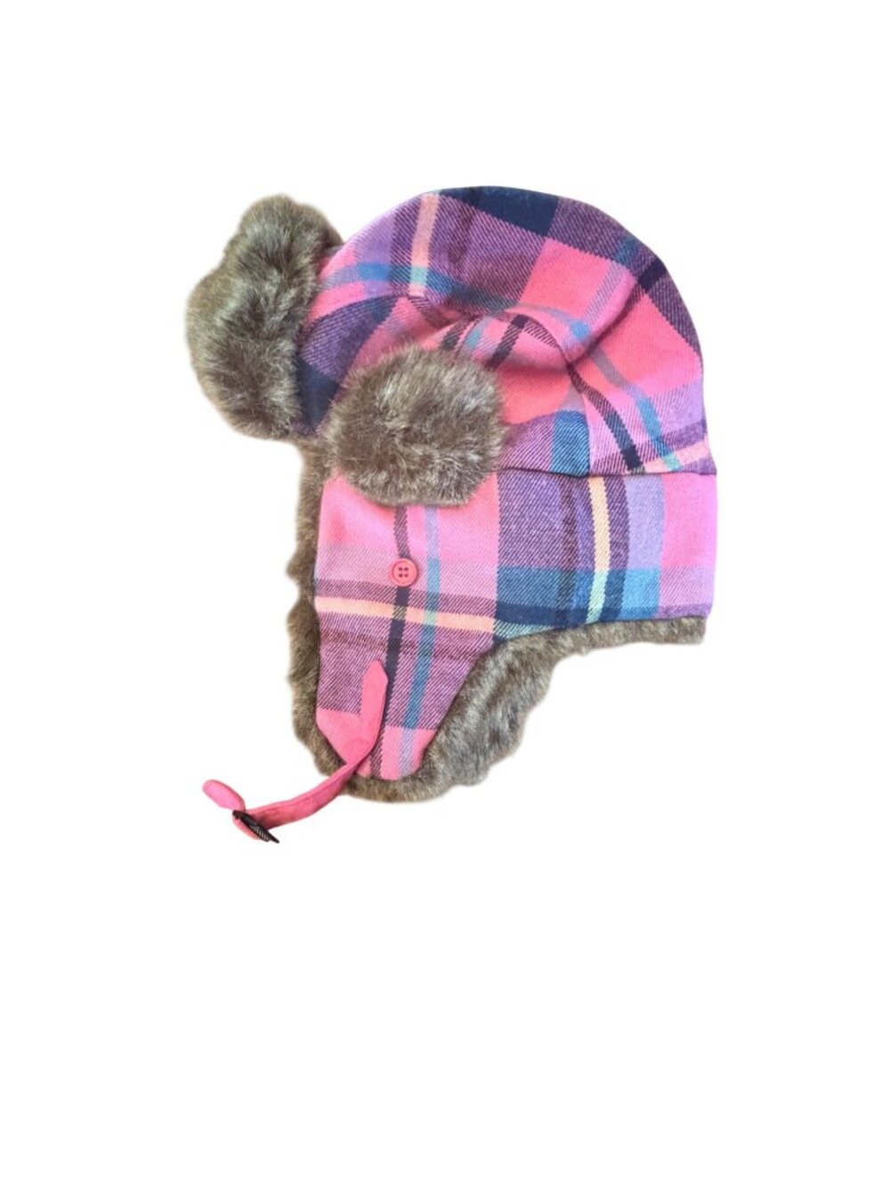 D&Y Y2K Plaid Pink Faux Fur Trapper Hat With Ear Flaps & Strap One Size